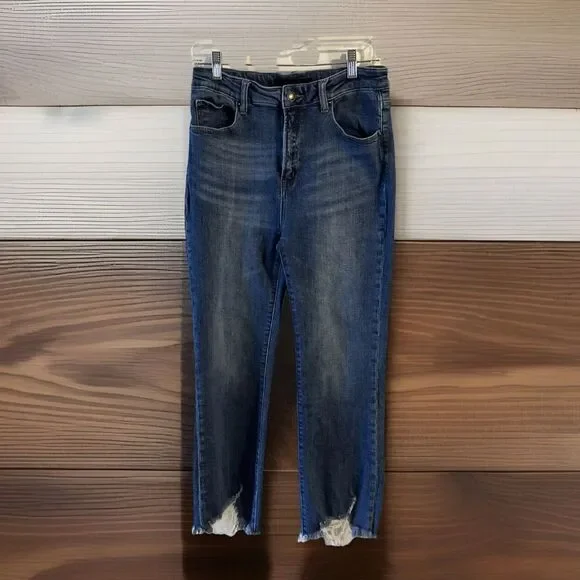 Risen High-Rise Straight Jeans Blue Denim Raw Hem Frayed Distressed Size 29/9 - Picture 1 of 8